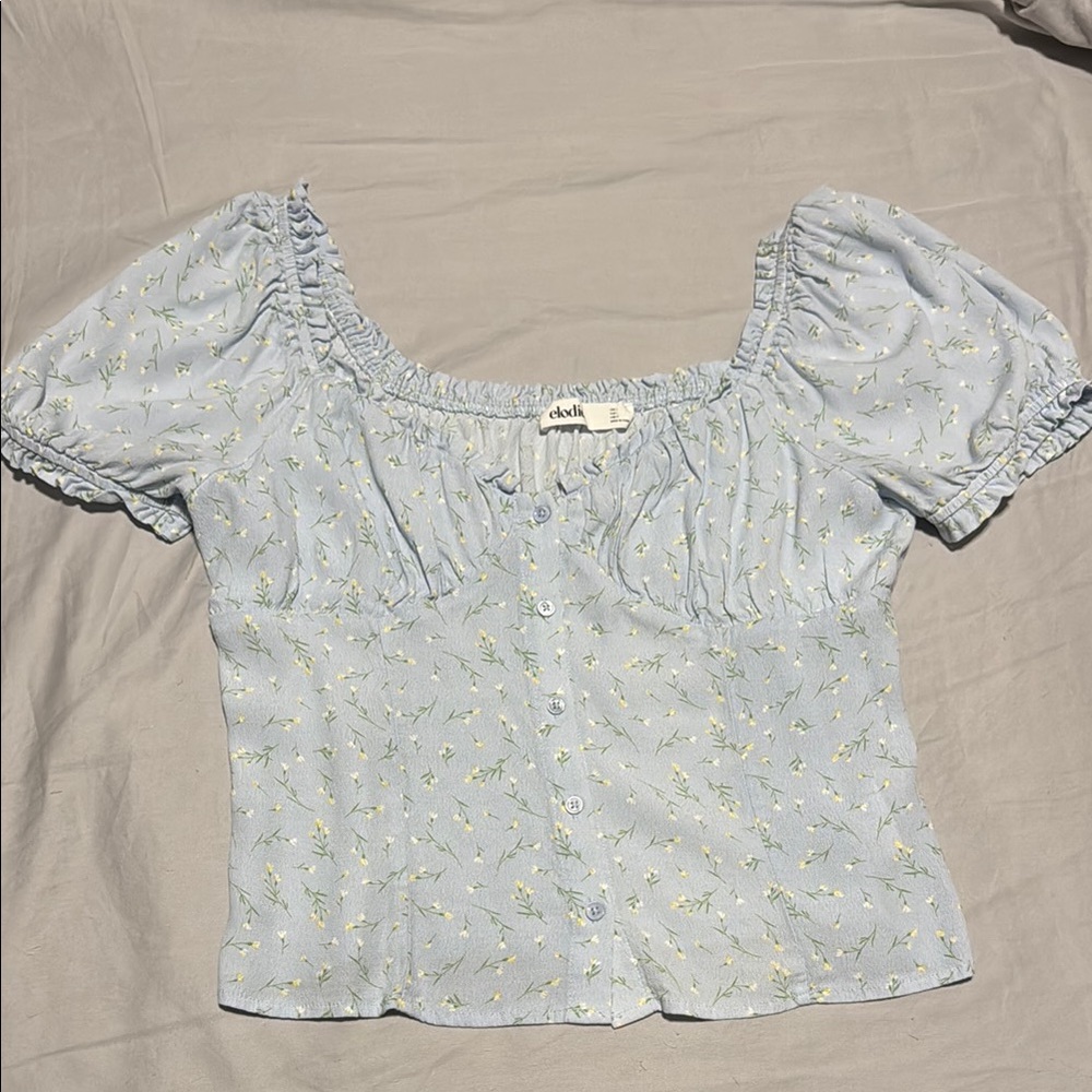 Elodie Blue Puff Sleeve Smocked Blouse